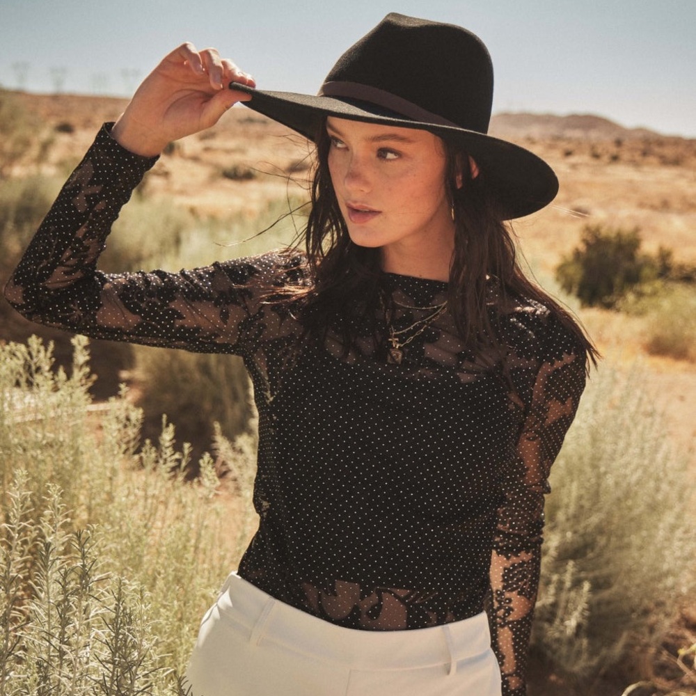 Ces Femme Black Sheer Polka Dot Long Sleeve Bodysuit